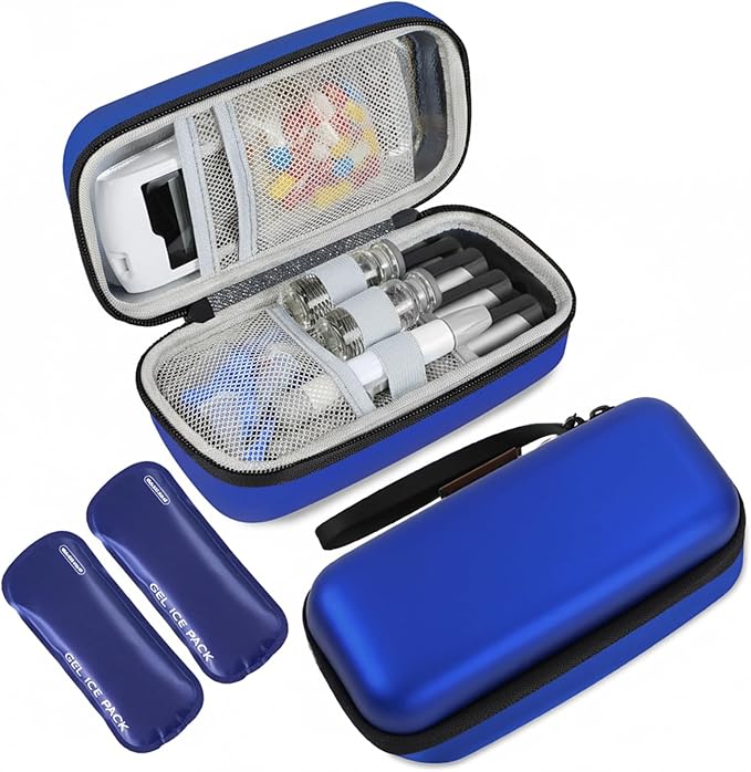 Insulin Cooler Travel Case, Portable EVA Medicine Travel Cooler, Diabetes Case with 2 Reusable Ice Packs TSA Approved for Diabetic Supplies Patent Pending(Blue-No Temp)