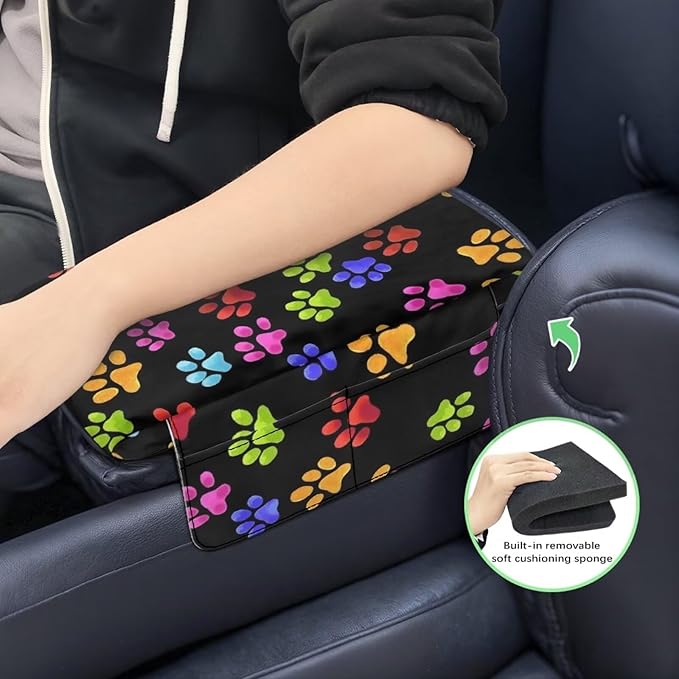 Dreaweet Dog Paw Center Console Armrest Pad Cover Cute Car Accessories for Women Comfy Anti-Scratch Middle Console Covers with Pockets Universal Car Armrest Storage Box Mat for SUV Trucks Sedan Van