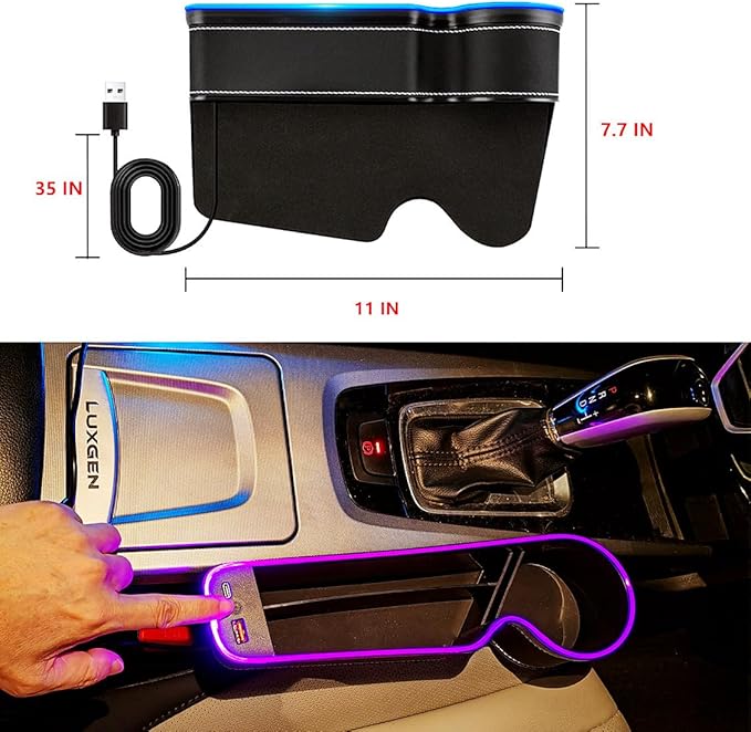7 Color Led Car Seat Gap Filler Organizer Car Seat Pocket Gap Filler with USB+C Fast Charger,Car Gap Organizer Storage 2023 Console Side Seat Gap Filler fit for Passenger Side(Black-passenger side)