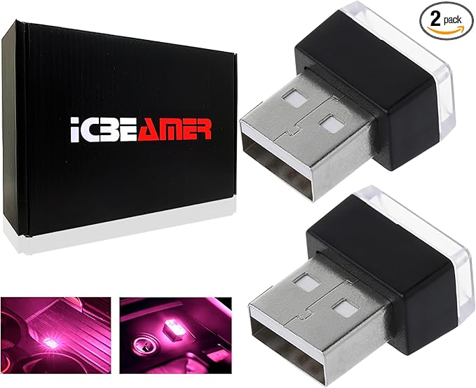 ICBEAMER USB Type-A LED Night Light 2-Pack (Purple) | Plug-in Universal Fit Automotive Accessory for Car Interior and Trunk Ambient Atmosphere Lighting