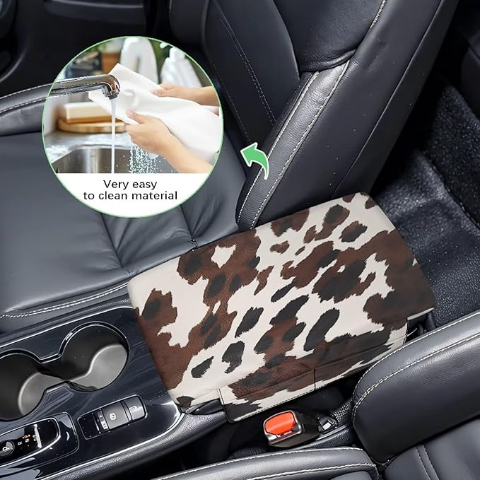 Wanyint Black Brown Cow Print Car Center Console Armrest Cover Anti-Slip Armrest Storage Box Mat Anti-Scratch Middle Console Pad Protective Cover Universal Fit Most Vehicle, SUV, Truck