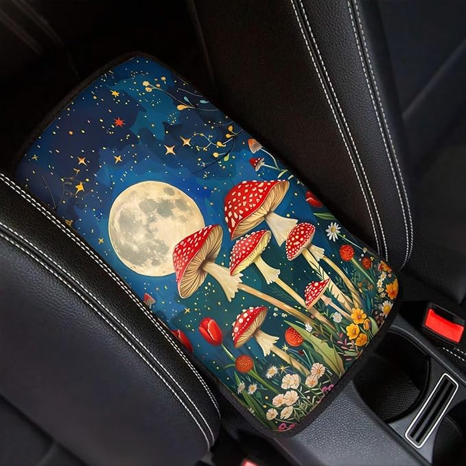 UNICEU Moom Flower Mushroom Car Center Console Armrest Cushion Cover for Women Universal Fit Most Vehicle SUV Non-Slip Auto Center Console Cushion Pad Protect for Pet Claws,Mushroom Car Accessories