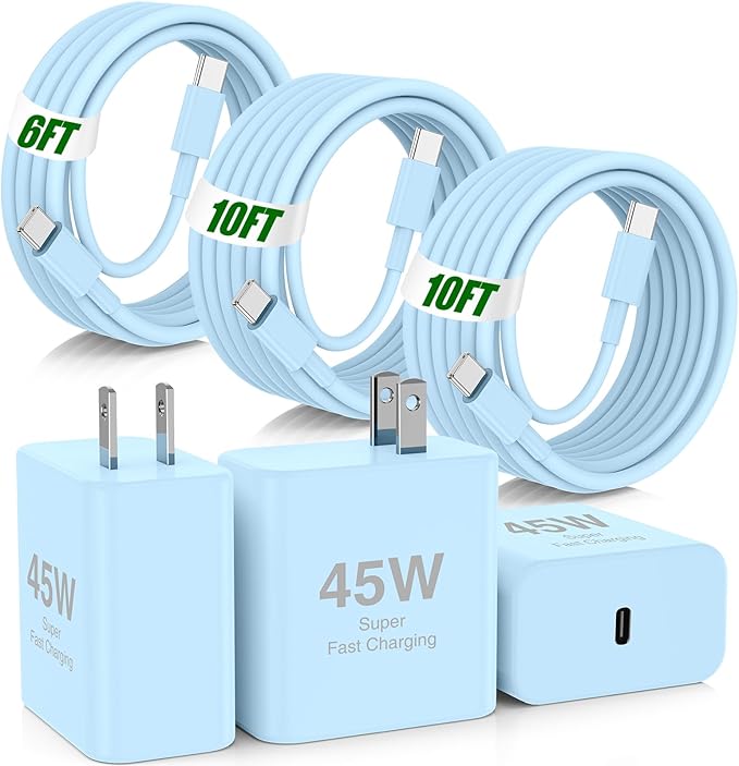 45W iPhone 17 16 Pro Max Charger Fast Charging,3Pack USB C Fast Charger Block with Long 10/10/6FT C to C Cable for Apple 17 Pro Max/16 Pro/15/iPad 13th,PD Quick Adapter 3.2 for iPhone 17-Blue