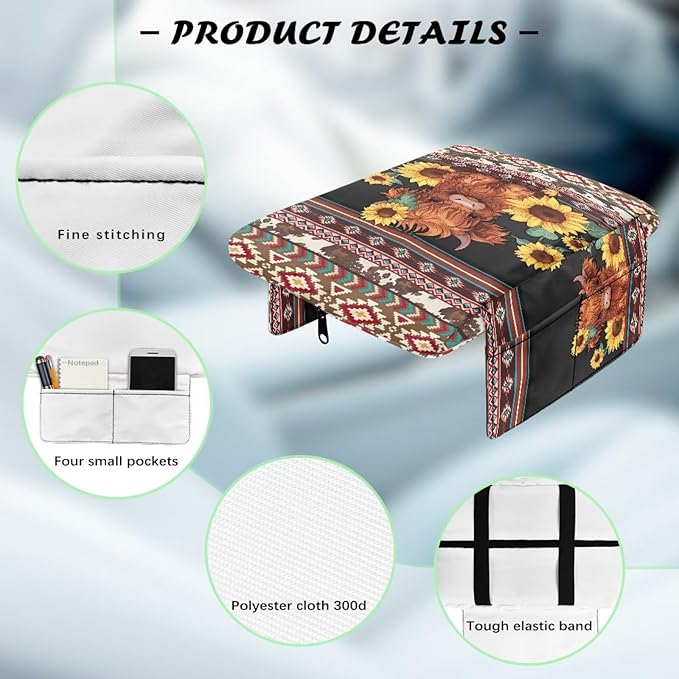 Wanyint Aztec Highland Cow Sunflower Center Console Cover Non-Slip Armrest Box Pad with 4 Storage Bags Comfortable Arm Rest Pad Middle Console Cushion Protector Auto Interior Accessories