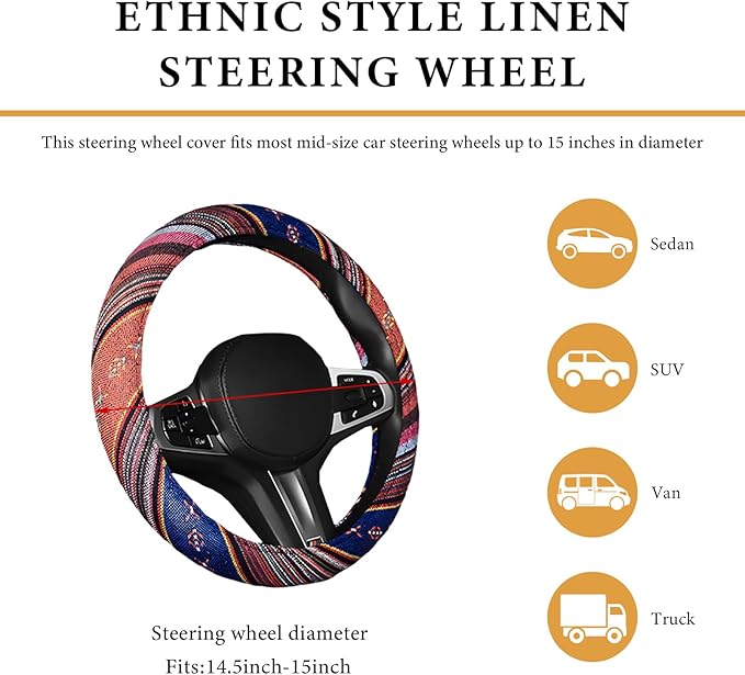 Boho Steering Wheel Cover, 15 Inch Coarse Flax Cloth Ethnic Style Anti-Slip Car Wheel Wrap, Universal Breathable Bohemian Steering Wheel Protector for Cars Vans Trucks (C)