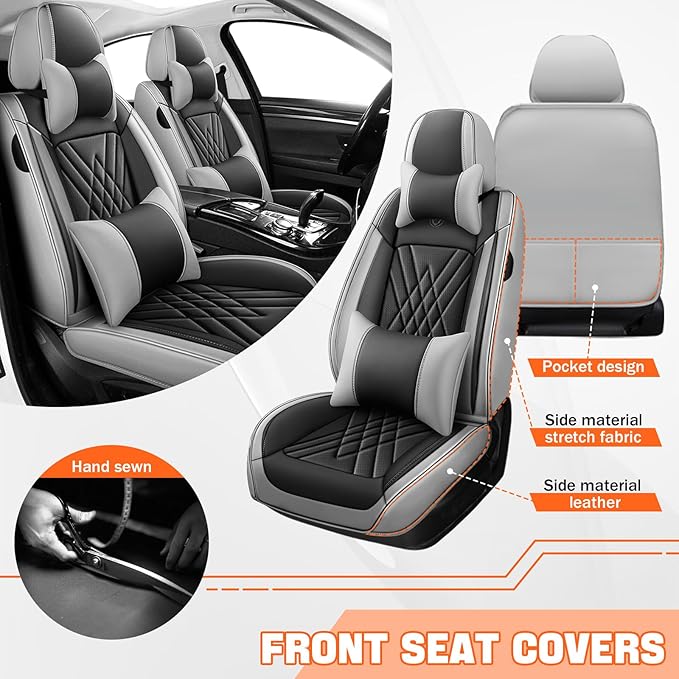 Car Seat Covers Compatible with Toyota Camry 2012-2026 Durable Waterproof Automotive Seat Covers Stretchable, Airbag Compatibility, Premium Nappa Leather(Black Gray, 2 Pcs Front with Pillow)