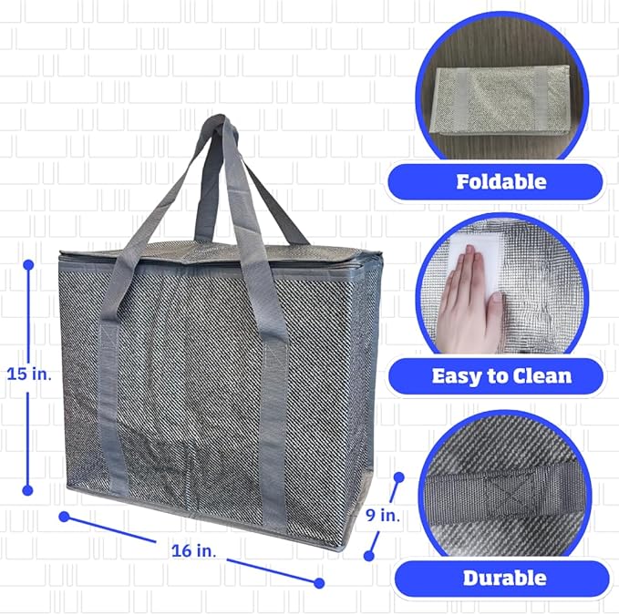 DURASACK Large Insulated Food Delivery Bag – 16"x9"x13" Reusable Thermal Tote for Hot & Cold Transport – Lightweight Grocery, Lunch, and Takeout Carrier – Water-Resistant, Foldable