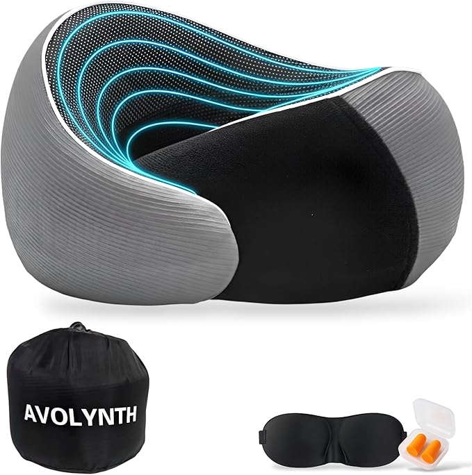 Memory Foam Travel Neck Pillow for Airplane & Neck Pain Relief – 360° Ergonomic Support – Free Eye Mask & Ear Plugs – Soft Breathable Cover – Ideal for Plane, Car, Office & Home