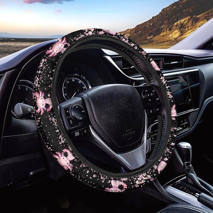 AFPANQZ Cartoon Axolotl Cherry Blossom Car Steering Wheel Cover Non-Slip Rubber Steering Wheel Covers Warm Breathable Steering Wheel Covers Sweat Absorption Car Steering Wheel Covers 15 Inches Pink