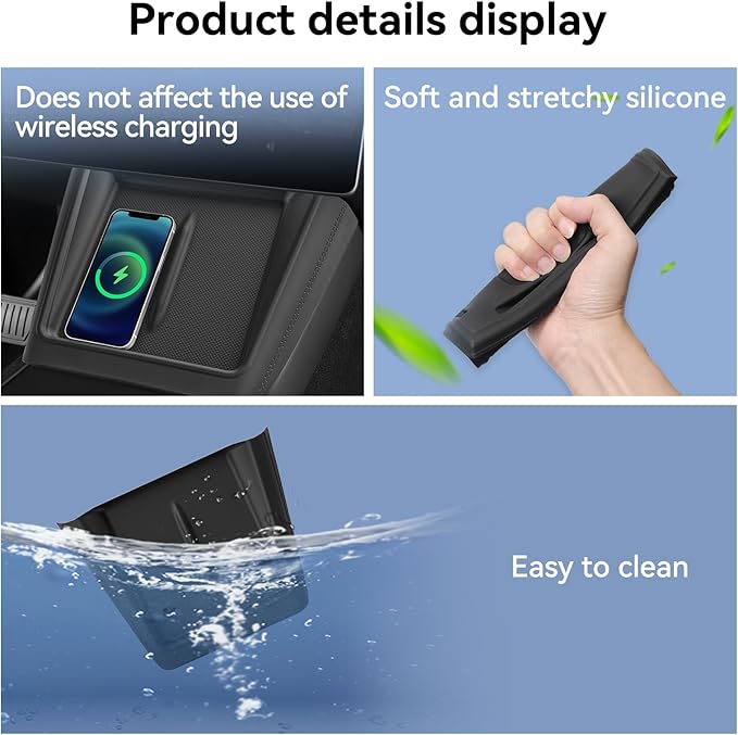 LUCKEASY Wireless Charging Pad for Tesla Model Y Juniper 2025 2026 Center Console Wireless Charger Pad Non-Slip Silicone Mat for Model Y Accessories Black (Surrounded)