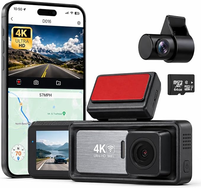 Pentro 4K Dual Dash Cam Front and Rear – UHD 2160P & 1080P Car Camera with WiFi – 64GB SD Card Included – Night Vision, G-Sensor, Parking Mode & Loop Recording – 170° Wide Angle