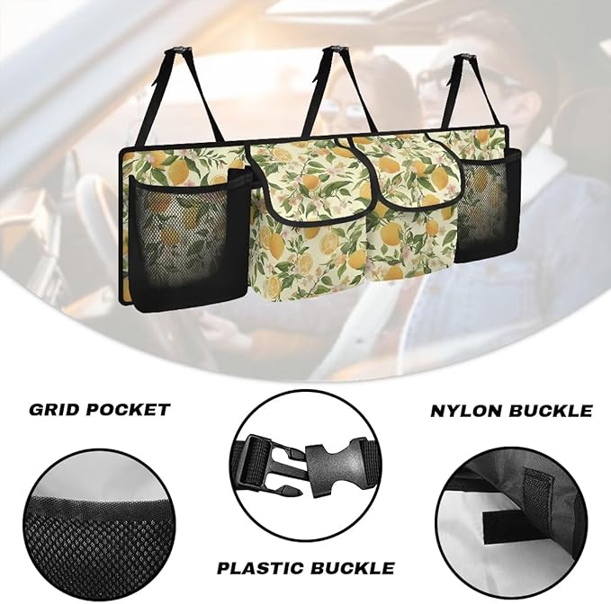Lemon Hanging Trunk Organizer for SUV Back Seat Organizer with Elastic Net Collapsible Cargo Storage Bag Car Interior Accessories