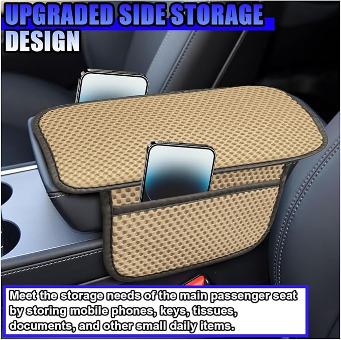 Car Center Console Cover, Cooling Auto Armrest Cushion Pad with 2 Storage Bags, Breathable Elbow Pillow Middle Console Protector, Universal Vehicle Interior Accessories (Beige)