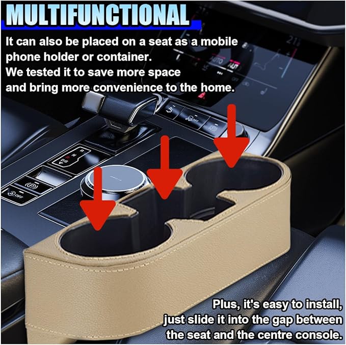 ZIMISI Car Cup Holder, PU Leather Auto Front Console Gap Filler Organizer, Multifunctional Cup Drink Holder, Car Seat Gap Filler Storage Box, Coin Bucket, Cell Mobile Phone Holder (Beige)