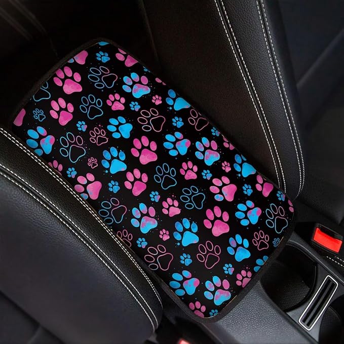 Dreaweet Cute Paw Print Center Console Cover Pad Soft Scratch-Poof Middle Console Covers for SUV Truck Comfort Non Slip Arm Rest for Car Armrest Storage Box Mat