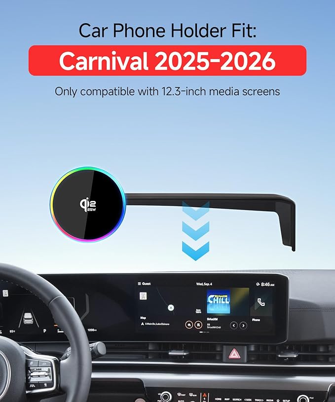 Qi2.2 Max 25W Fast Wireless Car Charger Phone Holder for 2025 2026 Kia Carnival 12.3-Inch Screen, Magnetic Phone Mount Compatible with MagSafe