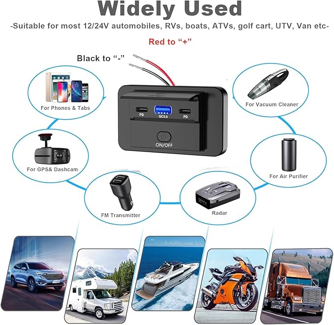 MOTONG Waterproof 12V PD USB C Outlet Charger Adapter, 18W QC3.0 USB A & Dual 30W PD Type C with Touch Switch Car Socket Charger Power Socket Port for Car Marine Boat RV Truck