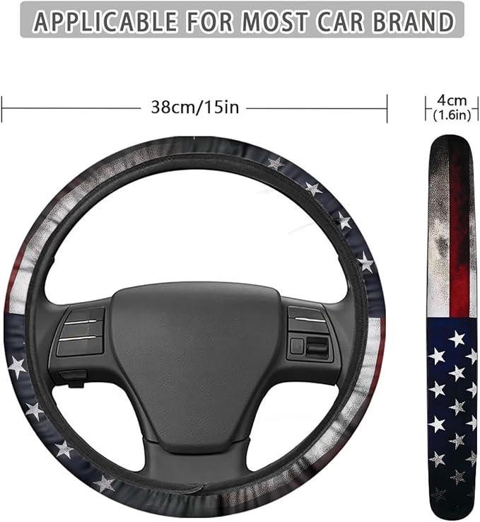 SEANATIVE Vintage American Flag Car Steering Wheel Cover, Anti-Slip, Safety, Soft, Breathable, Universal Car Steering Wheel Dust Cover, Easy to Disassemble