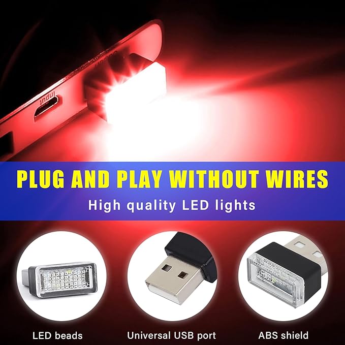 Augeny 4 PCS USB LED Car Interior Atmosphere Lamp, Plug-in USB Decor Night Light, Portable Auto Ambient Lighting Kit, Universal Vehicle Interior Accessories for Most Cars (White & Red)