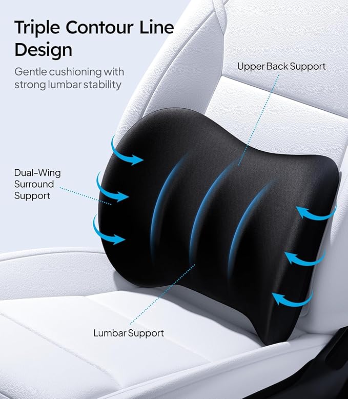 Wigoo 2026 Lumbar Support Pillow for Car [Ergonomic Design, Pressure Relief] Back Cushion for Driving Seat, Back Support Pillow for Car-Office Chair, Fits All Vehicles (Black 2-Pack)