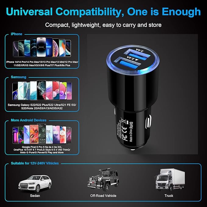 Car Charger, 3Pack 4.8A Rapid Car Phone Charger - USB Cigarette Lighter for iPhone 15 14 13 12 11 Pro Max SE XR XS X 8 7 6, Samsung Galaxy S23 S22 S21 S20 A13 A32 S10 S9 S8 S7, Android