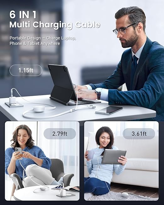 CAFELE 100W Multi Charging Cable, 6-in-1 Retractable USB C/A Cable, 5A Fast Charger Cord for Multiple Devices with Type C/L/Micro Ports for Phone 17 16 15 14 Pro Max, S24/S23, MBook, Pad (4.3ft) White
