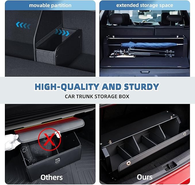 Car Trunk Organizer, Leather Trunk Organizer with LED Light Car Storage Box with Lid and Push-pull Handle Organizer Trunk Storage for SUV, Trunk, Minivan (Black, 40.5 x 11.4 x 12.2in)
