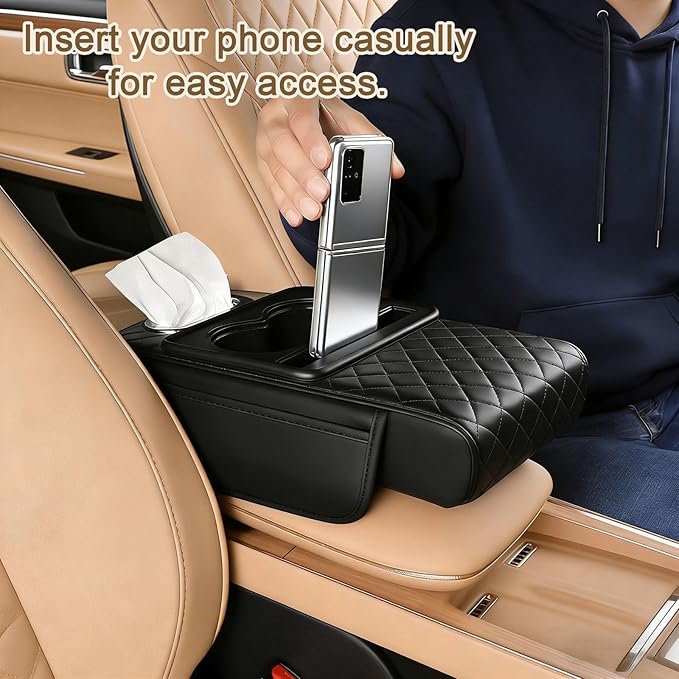 Car Armrest Cushion (Black) Multifunctional 5 in 1 Center Console Armrest Cushion with Storage Bag Cup/Phone Holder Tissue Box - Waterproof Car Interior Storage Device