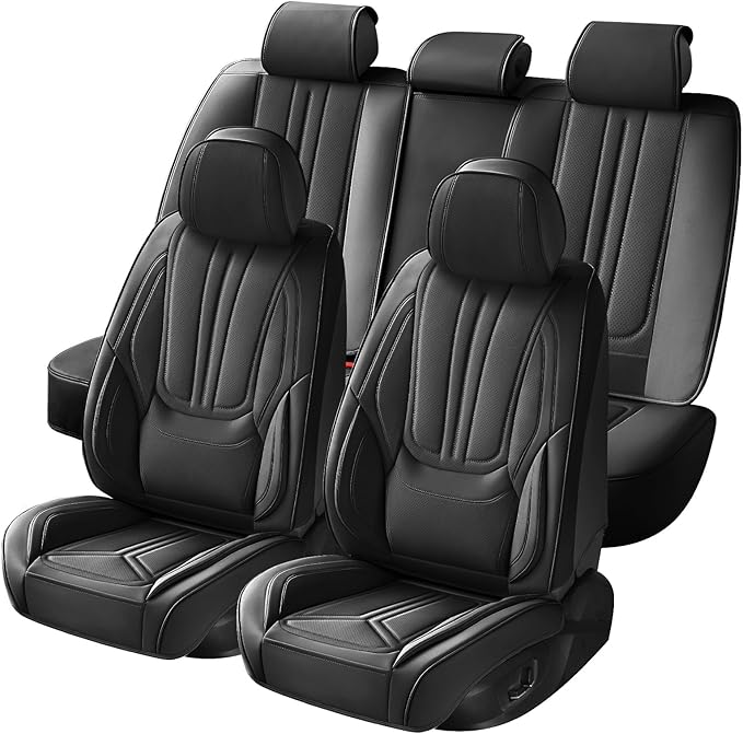 Car Seat Covers, Premium Leather Car Seat Covers, Waterproof and Breathable Seat Covers, Universal Car Seat Protector Fit for Cars, Trucks, SUVs, Pick-ups (Black, FullSet)