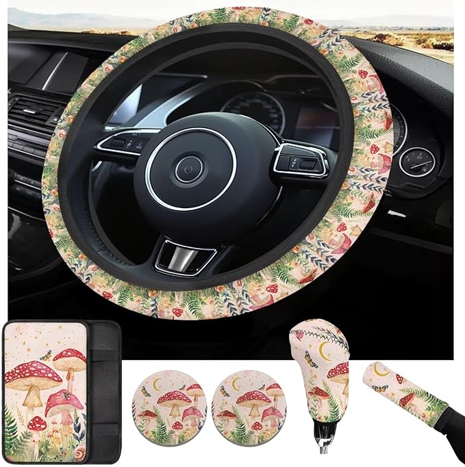 Red Mushroom Print Car Interior Accessories Cute Mushroom Car Steering Wheel Cover for Women Cup Coaster Handbrake Gear Cover Suit for Truck Vans SUV 6pcs