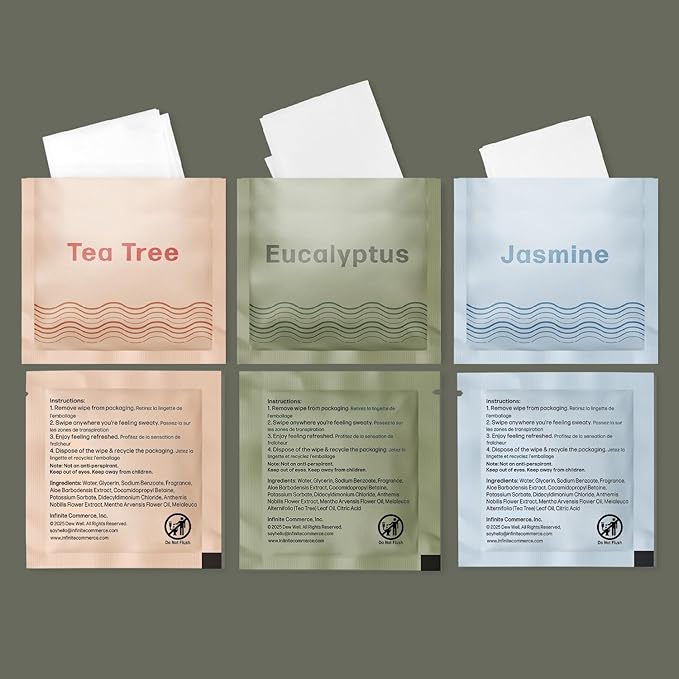 Dew Well Refreshing Deodorant Wipes, Refresh Body Deodorant Wipes, A Fresh Start When You’re On the Go, Aluminum, Paraben, and Sulfate Free, Variety Pack (Tea Tree, Eucalyptus, Jasmine)