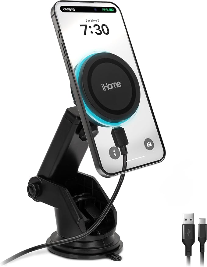 iHome Car Mount, Dashboard/Windshield/Vent Mount, Swivel Neck, Silicone Grip, Adjustable Mount Arm with Suction Cup Base (Magnetic Charging Car Mount)