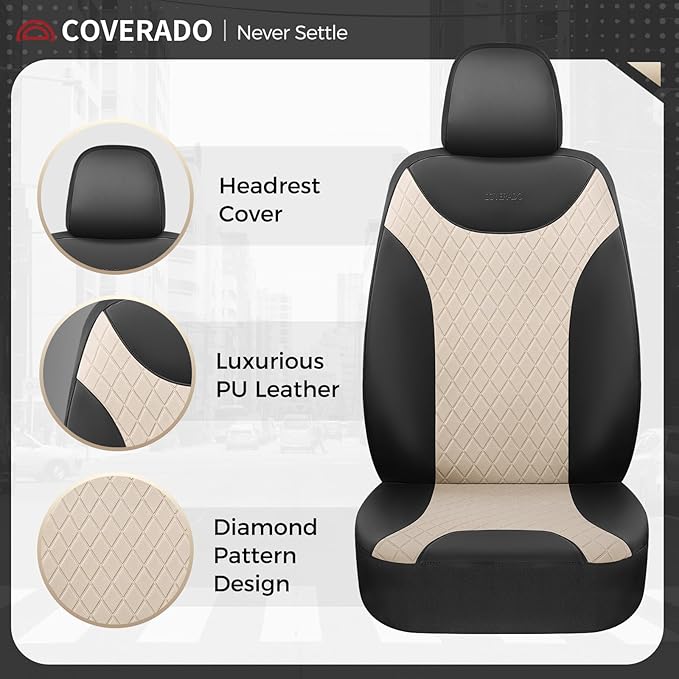 Coverado Front and Back Seat Covers, 5-Pack Universal Seat Covers for Cars, Leather & Fabric Splicing Design Car Seat Protectors, Waterproof Auto Seat Cushions Universal for Vehicles, Black & Beige