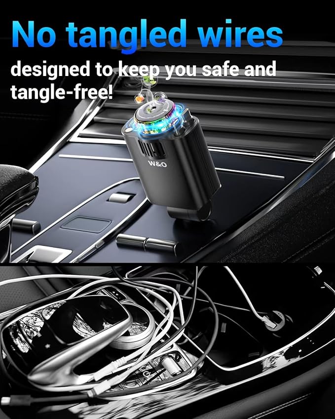 W & O Car Charger Fast Charger for iPhone17/16/15,69W Retractable car Charger with Aromatherapy and Starlight,5 in 1 Fast Car Charger with L/C Cables,Car Charger Adapter for iPhone,Android（Purple）