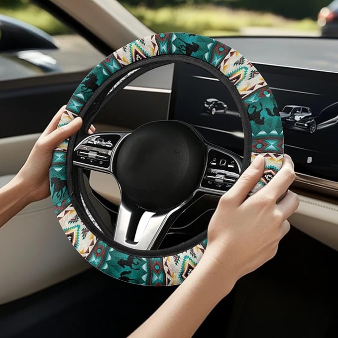 SEANATIVE Universal 15 inch Auto Car Steering Wheel Cover Aztec Tribal Horse Neoprene Car Steering Wheel Protector Cover fit Most Van Truck SUV