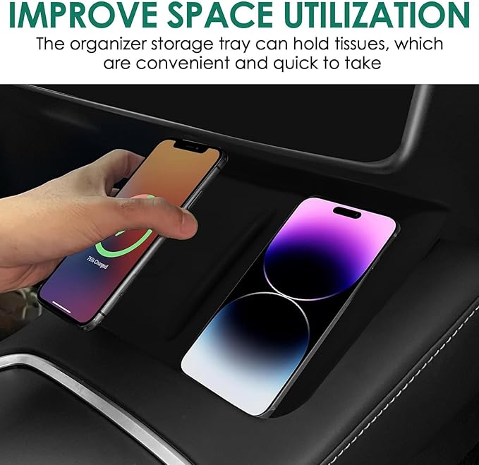 Center Console Wireless Charging Silicone Mat Compatible with Tesla Model 3 2024 Accessories Waterproof Cover Interior Pad Non-Slip Mats Phone Tray Upgrade Protector Mats (Black)