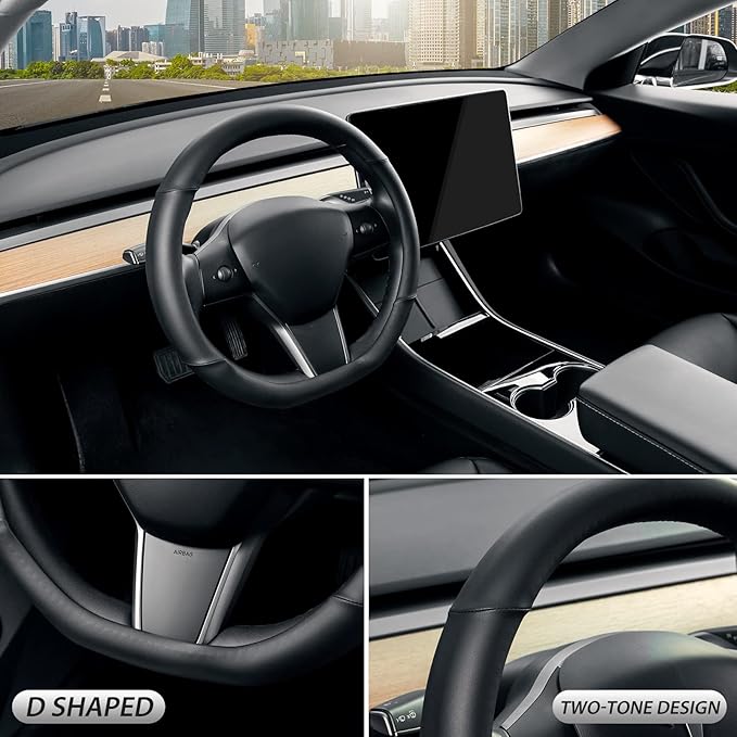 SEG Direct Flat Bottom Steering Wheel Cover, D Shaped Car Wheel Cover 14-14 1/4 in. (35.5-36 cm), for Tesla Model 3 / Y, for Camaro, Black Microfiber Leather