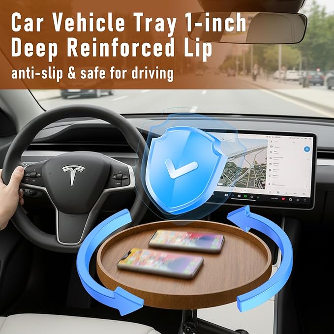 Car Food Cup Holder Tray - 360° Rotating Car Table and Car Seat Tray, Detachable Wooden Car Desk for Laptop and Food Tray, Compatible with Tesla Model Y/3/S, Ford F150/Explorer (Brown, 9.45")