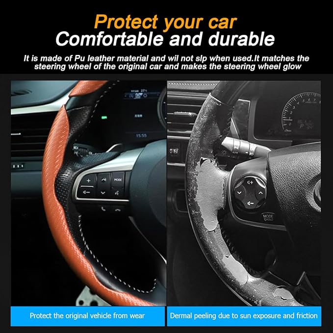 Mandark 3PCS Carbon Fiber Car Steering Wheel Cover, Anti-Skid Leather Vehicle Segmented Steer Wheel Protector, Auto Interior Protection Guard Accessories, Universal for Most Cars (Orange)