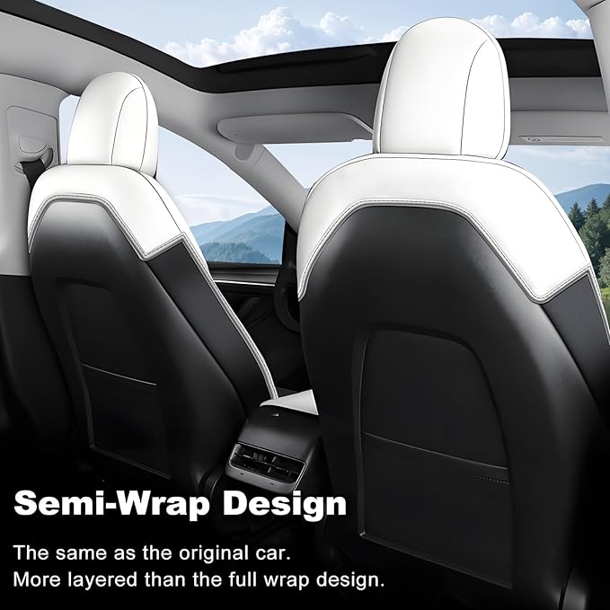 AOMSAZTO Car Seat Cover Fit for Tesla Model Y 2020 2024 - Half Surrounded Customized White Seat Covers(White with Stripe)