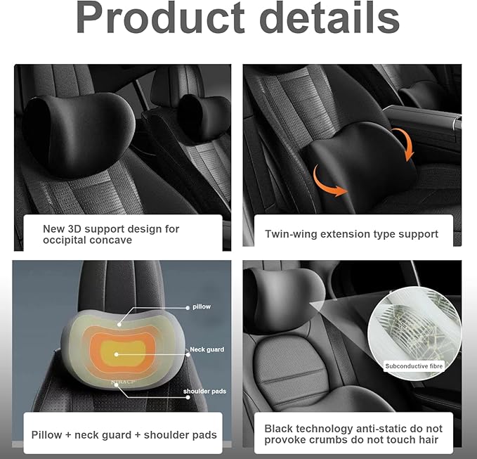 Memory Foam Breathable Ergonomic Car Headrest Pillow & Lumbar Pillow Kit with Adjustable Strap Black Car Neck for Driving, Rest, Sleep Seat Brackets