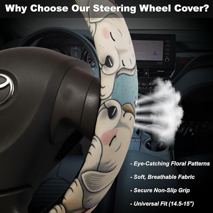Sleeping Puppies Steering Wheel Cover for 14.5-15 Inch (37-38 cm) Wheels, Premium Fabric with Non-Slip Rubber Inner Ring (Sleeping Puppies & Stars)
