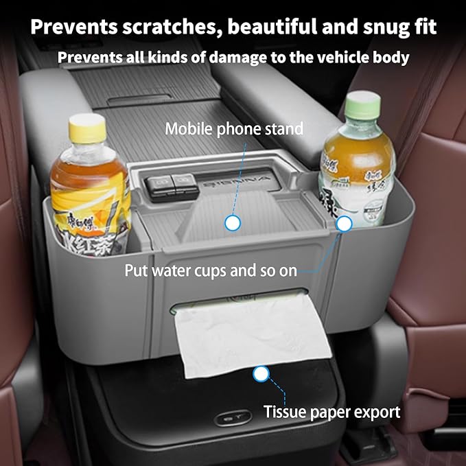 Center Armrest Rear Organizer for Toyota Sienna 2021-2026 ABS Cup Holder Tray Center Consoles 3-in-1 Backseat Organizer(Gray)