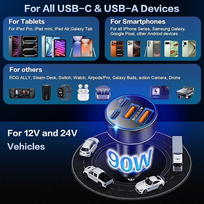 USB C Car Charger, Multi Port 90W Super Fast Charging Cigarette Lighter Adapter, 4-in-1 Dual USB-C & USB-A Car Phone Power Adapter for iPhone 17/16/15/Pro Max, iPad, Samsung Galaxy S25 (Black, 3-Pack)