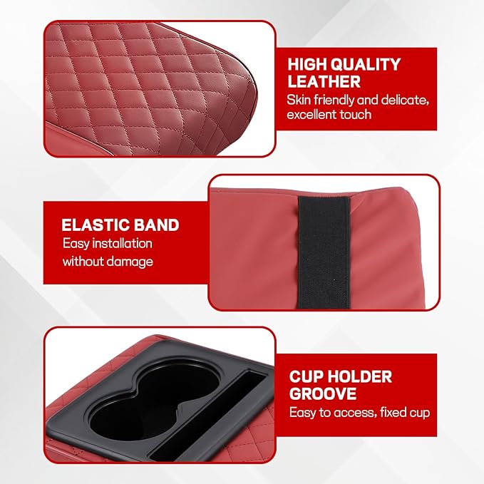 Car Center Console Armrest Pillow, 13.19"×7.87" Leather Car Arm Rest Cover, Memory Foam Auto Armrest Cushion with Cup Holder Phone Slot, Universal Vehicle Middle Console Cushion Pad (Wine Red)
