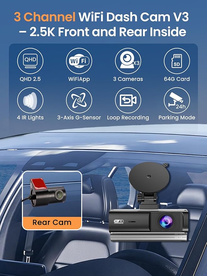 3 Channel Dash Cam, QHD 2.5K+1080P+1080P 3-Way Recording, WiFi Dash Camera with APP Control, 1440P Front+4 IR Lights, 24H Parking Mode with Time-Lapse, G-Sensor, Loop Recording,Free 64GB Card