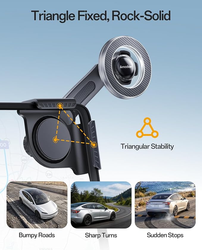 Upgraded MagSafe Tesla Phone Mount for Model Y Juniper & Model 3, No Adhesive ＆ Rock-Solid Stability Screen Clamp Phone Holder, 360° Adjustable, Compatible with All Phones, Tesla Accessories