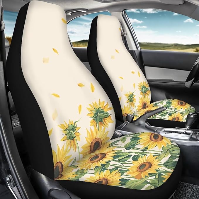 Sunflowers Print 2 Pcs/Set Car Front Seat Covers, Universal Fit Seat Covers for Sedan, Truck, SUV Polyester Bucket Cushion Protectors