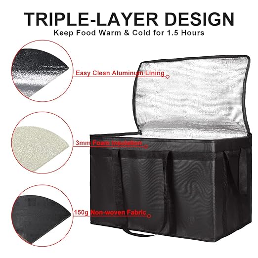 CIVJET Insulated Food Delivery Bag, XXXL Insulated Reusable Grocery Cooler/Hot Bags, Tote Bag for Shopping/Travel/Doordash, Catering Bag Doordash 22x14x13, Black, 1-Pack
