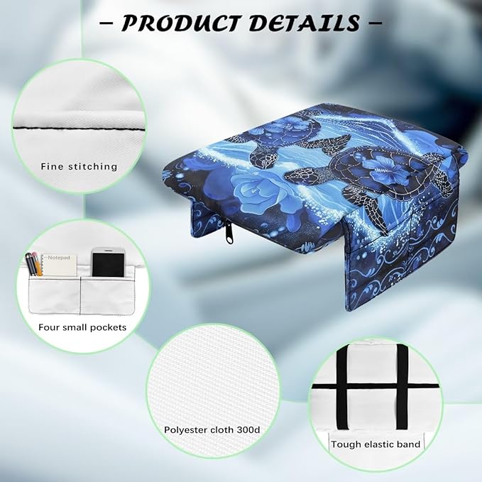 Wanyint Sea Turtle Hibiscus Car Center Console Cover Soft Armrest Cover Cushion with Pockets Storage Bag Scratch Resistant Arm Rest Covering Middle Console Pad Car Decor
